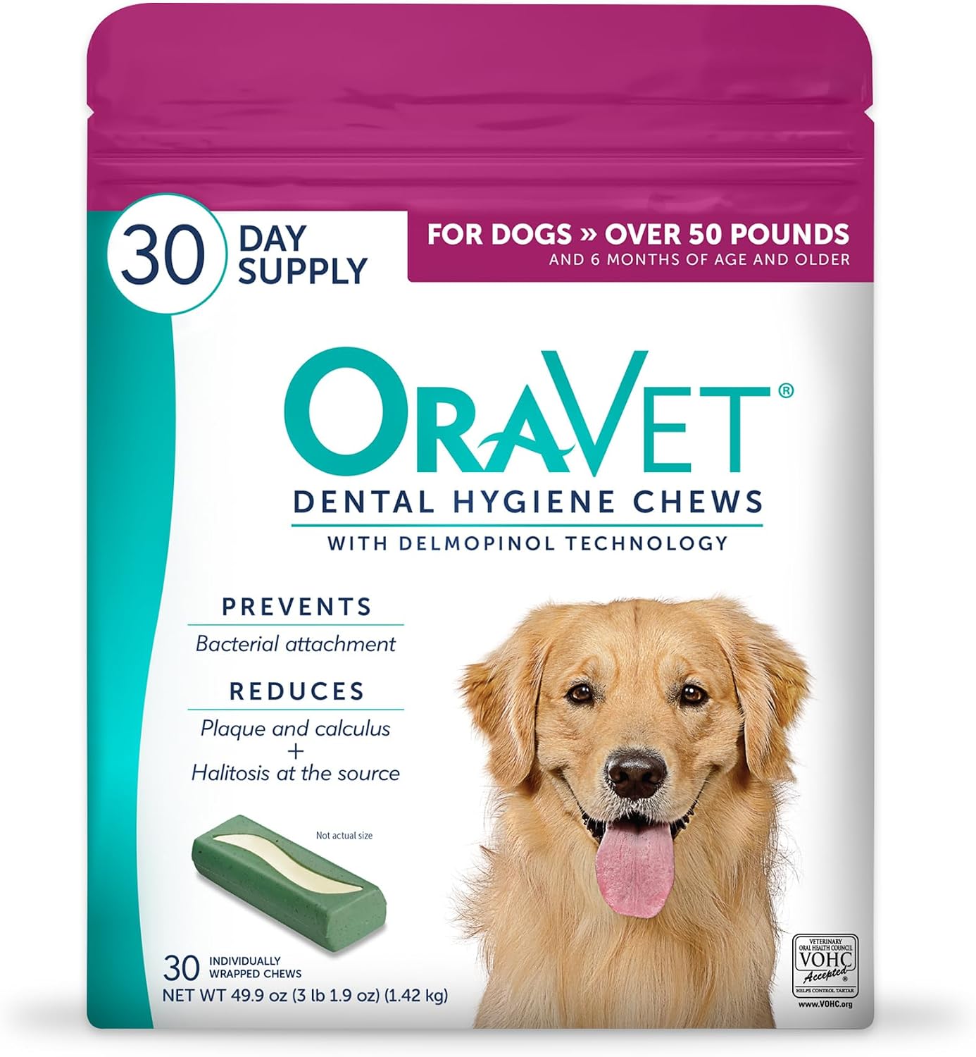 ORAVET Dental Chews for Dogs, Oral Care and Hygiene Chews (Large Dogs, Over 50 lbs.) Pink Pouch, 30 Count (Pack of 1) | VOHC-accepted dual-action chew reduces plaque & tartar, freshens breath barrier vet-recommended