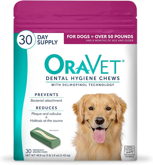 ORAVET Dental Chews for Dogs, Oral Care and Hygiene Chews (Large Dogs, Over 50 lbs.) Pink Pouch, 30 Count (Pack of 1) | VOHC-accepted dual-action chew reduces plaque & tartar, freshens breath barrier vet-recommended