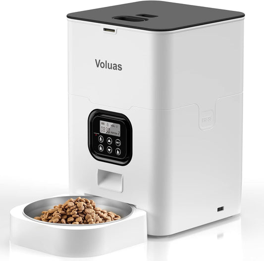 VOLUAS Automatic Cat Feeder, 4L Timed Dry Food Dispenser for Cats & Dogs | Programmable Portion Control, Up to 4 Meals Daily, Dual Power Supply, Power-Off Memory, 10-Second Voice Recorder