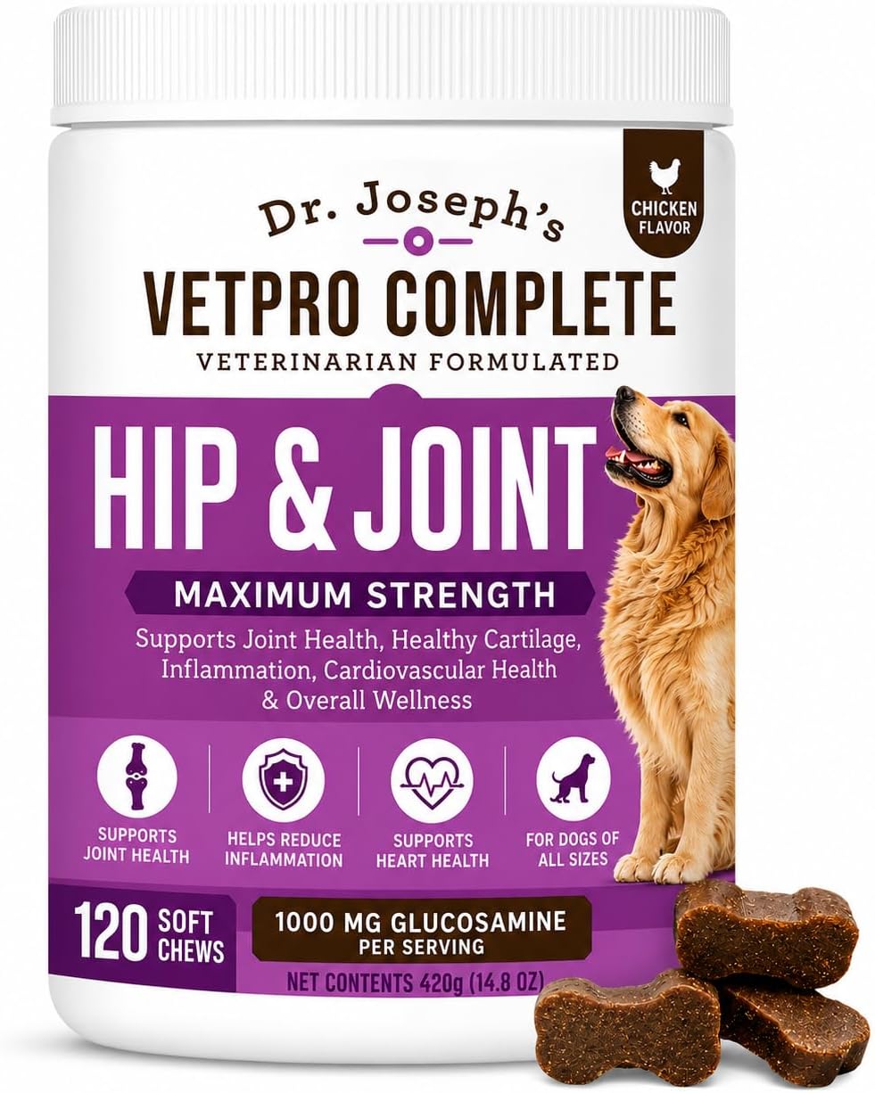 Dr. Joseph's VetPro Complete Dog Hip & Joint Wellness Supplement – High-Strength Glucosamine, MSM, Omega & Chondroitin Chews and Breeds – Vet Formulated Chicken Dog Treat - 120 Count