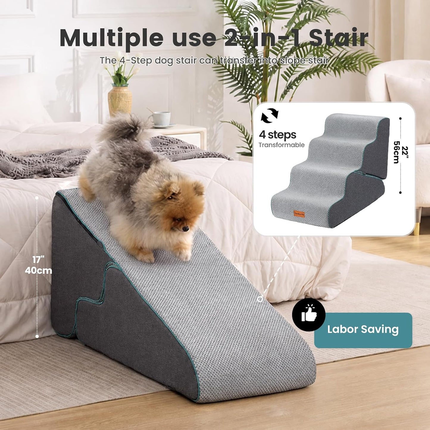 Gardner Pet Dog Stairs for Small Dogs 22" H, 2 in 1 Transformable 4-Step Pet Stairs and Dog Ramp for Couch Bed (23-27 in), Grey Adjustable Pet Steps