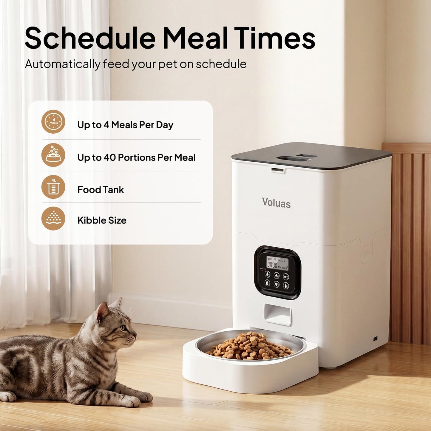 VOLUAS Automatic Cat Feeder, 4L Timed Dry Food Dispenser for Cats & Dogs | Programmable Portion Control, Up to 4 Meals Daily, Dual Power Supply, Power-Off Memory, 10-Second Voice Recorder