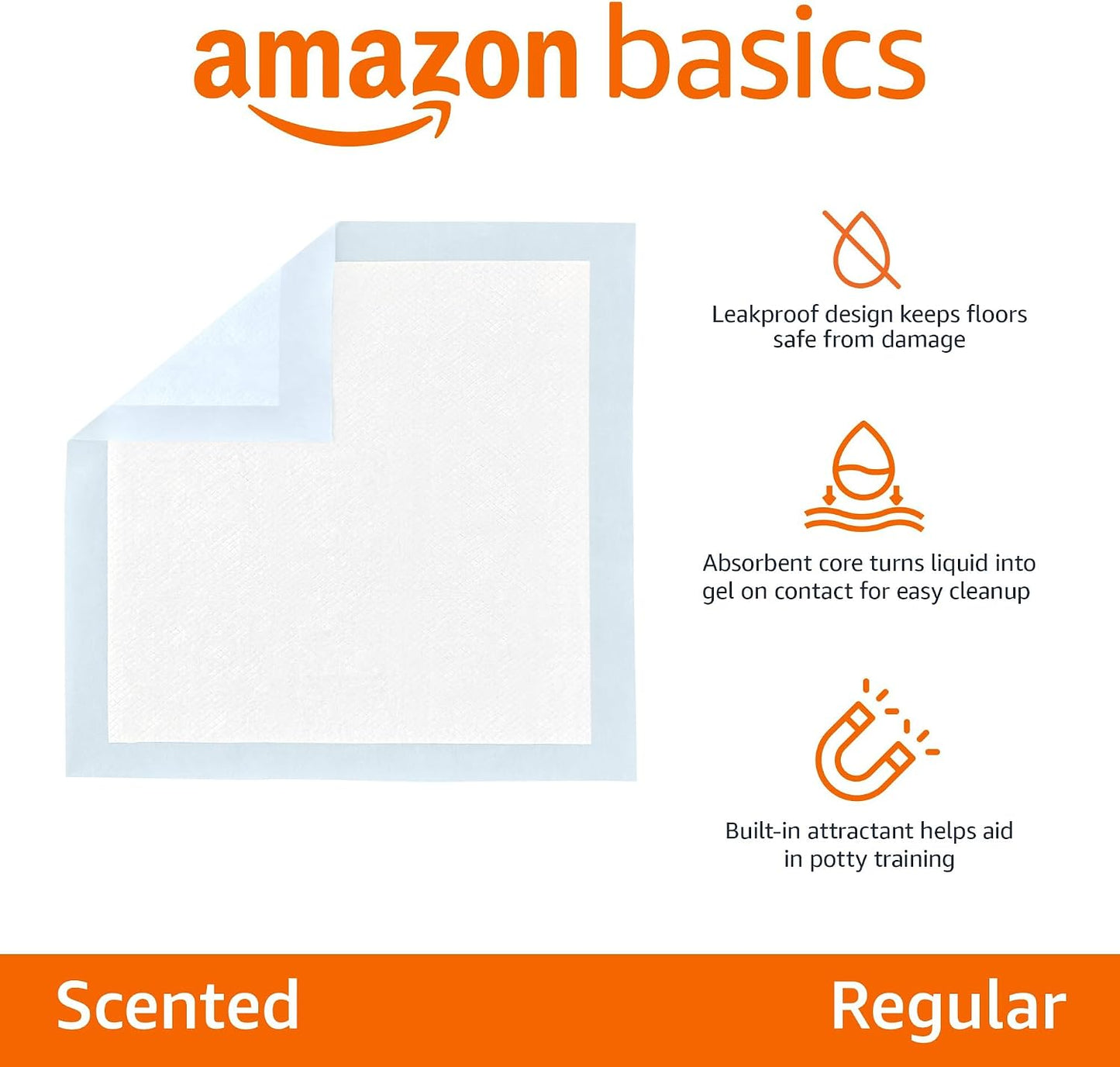 Basics Scented Dog and Puppy Potty Training Pee Pads, 5-Layer Leak-Proof Super Absorbent with Quick-Dry Surface, Regular Size 22 x 22 Inch, Blue & White, 100 Count