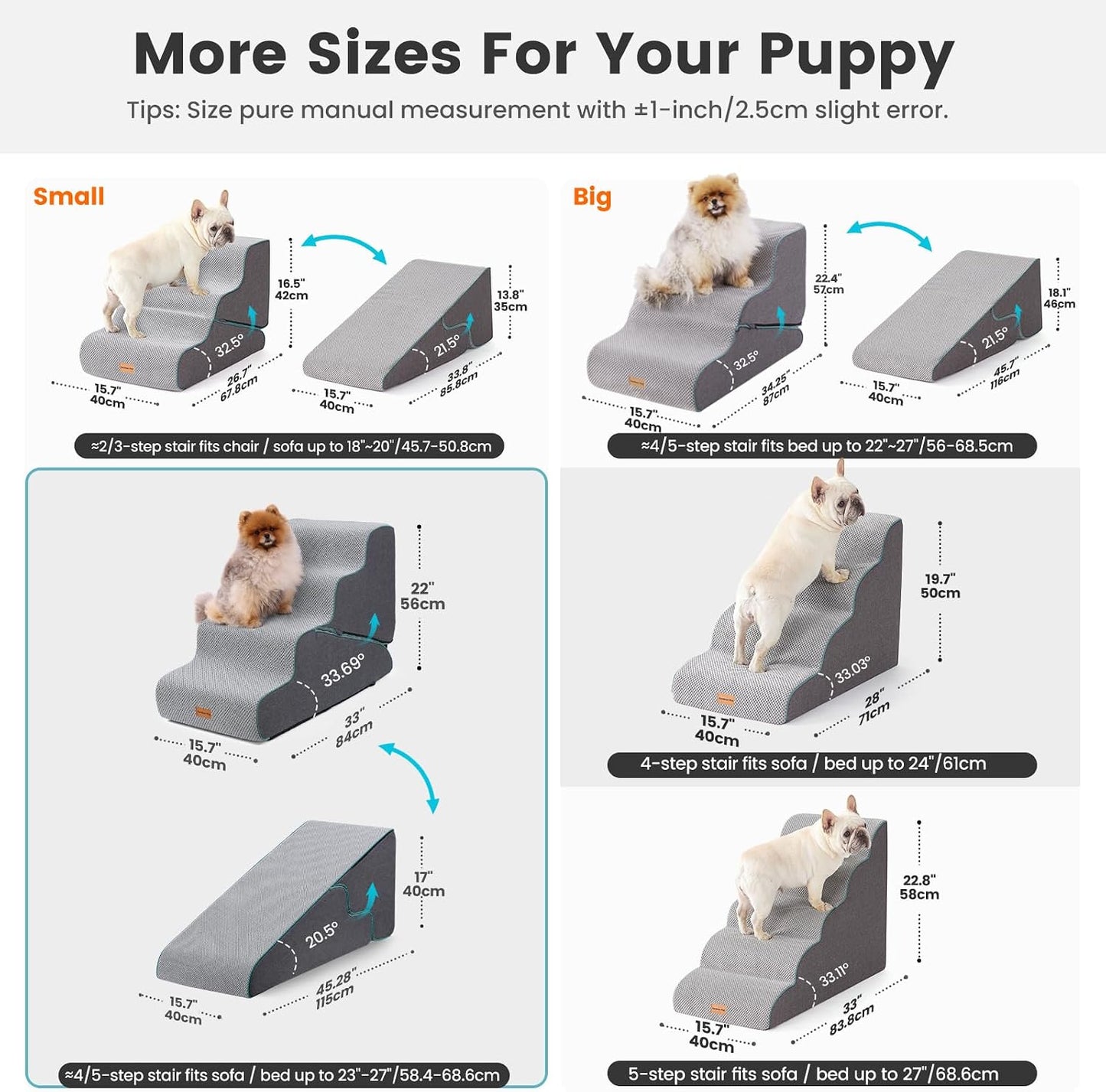 Gardner Pet Dog Stairs for Small Dogs 22" H, 2 in 1 Transformable 4-Step Pet Stairs and Dog Ramp for Couch Bed (23-27 in), Grey Adjustable Pet Steps